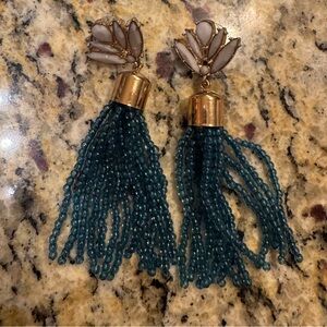 Elegant Gold and Teal Beaded Tassel Earrings